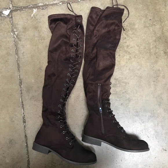 Taupe suede lace up thigh high boots - Picture 5 of 5